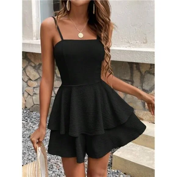 Summer Solid Color Lace Up Backless Layered Hem Cami Jumpsuit - Picture 1 of 6